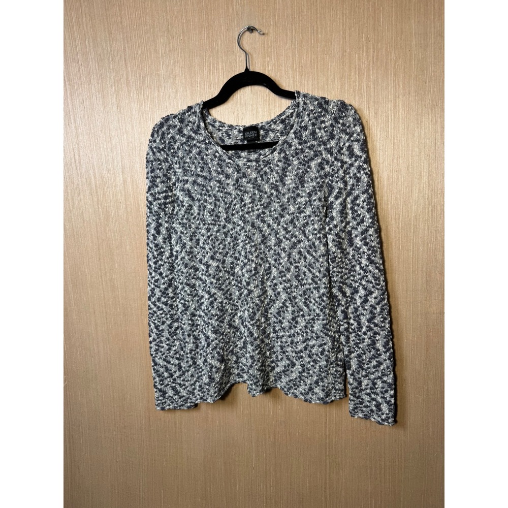 Eileen Fisher Petite PM Silk Cotton Blend Marled Knit Scoop Neck Sweater Gray